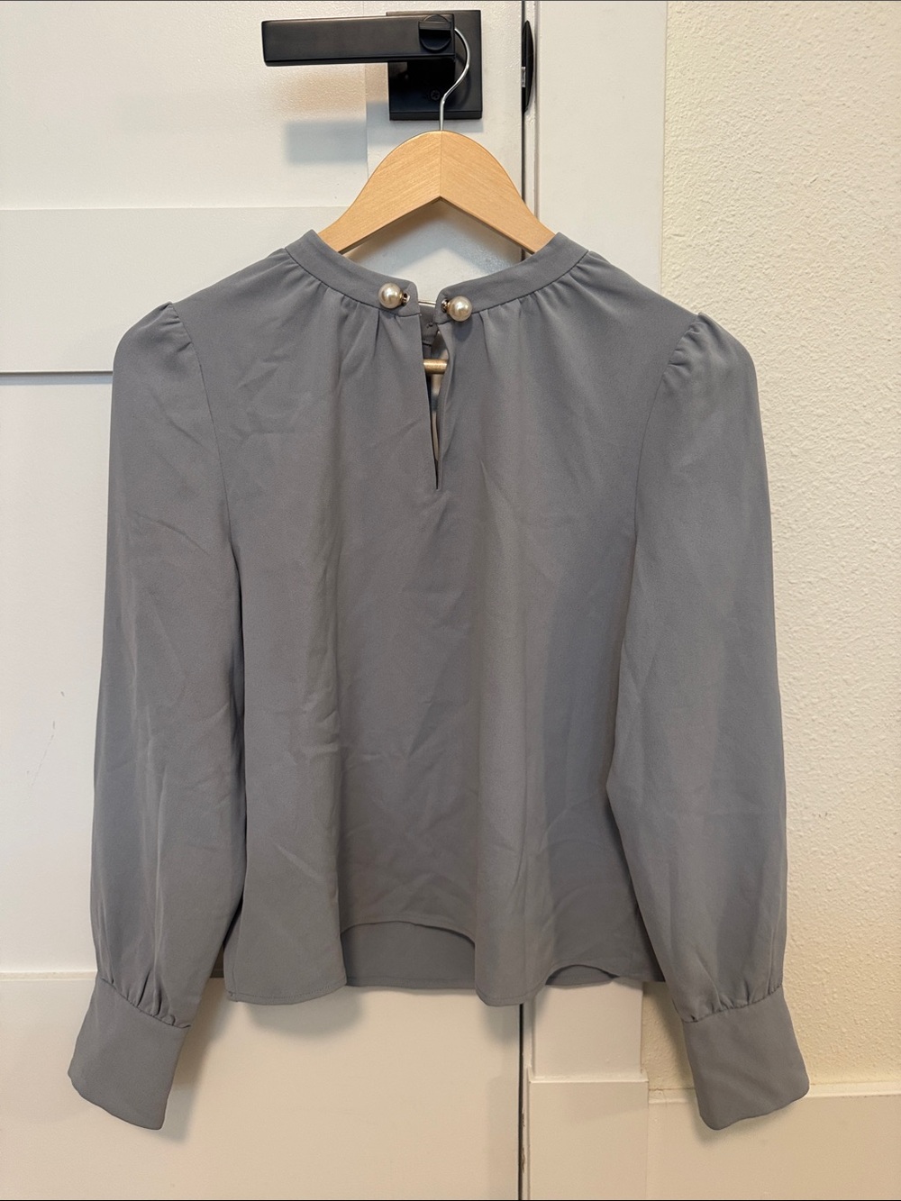 Petite Studio Grey Pearl-Button Long-Sleeve Blouse